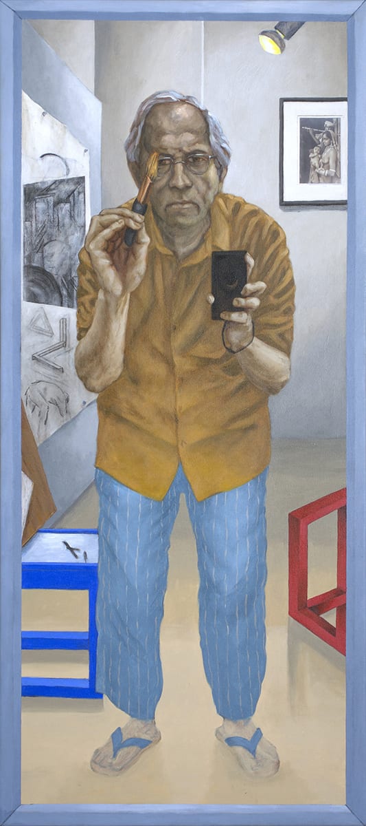 Sudhir Patwardhan b. 1949Self-portrait with Brush and Camera', 2016 Acrylic on Canvas 137.1 x 60.9 cm 54 x 24 in
