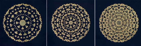 Olivia Fraser b. 1965Bhramari, 2019 Stone pigments, Arabic gum and Gold leaf on handmade Sanganer paper 91.4 x 91.4 cm (36 x 36 in) each 91.4 x 274 cm (36 x 108 in) overall