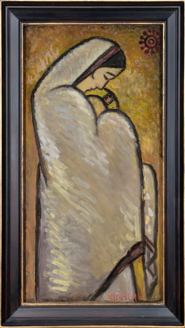 Jamini Roy 1887 - 1972Mother and Child, Circa 1950s Signed lower right Tempera on card 92.7 x 53.3 cm 36 1/2 x 21 in