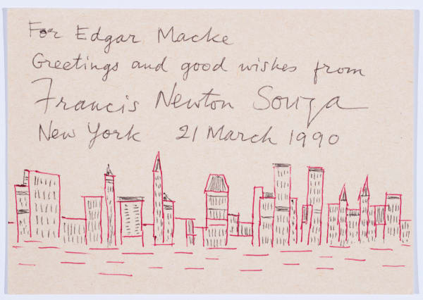 Francis Newton Souza 1924-2002Untitled (New York Skyline), 1990 Signed, dated and inscribed 'For Edgar Macke/ Greetings and good wishes from/ Francis Newton Souza/ New York 21 March 1990 Biro on card 10.4 x 14.8 cm 4 1/8 x 5 7/8 in