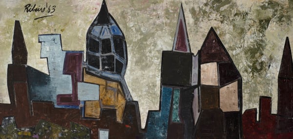 Lancelot Ribeiro 1933-2011Untitled (Angular Townscape), 1963 Oil on board Signed and dated upper left 57 x 120 cm 22 1/2 x 47 1/4 in