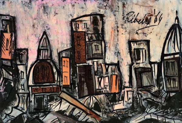 Lancelot Ribeiro Untitled (Townscape) Signed and dated 'Ribeiro 64' upper right Oil, polyvinyl acetate and collage on paper 20 x 29 cm 7 7/8 x 11 3/8 in