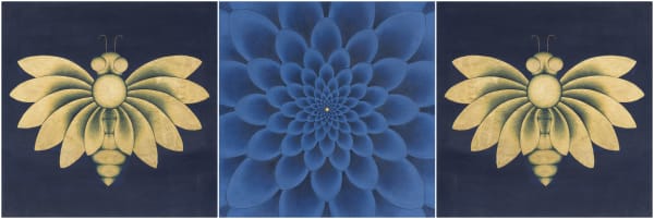 Olivia Fraser b. 1965Bloom, 2021 Stone pigments, gold leaf and Arabic gum on handmade Sanganer paper Total: 38.7 x 116.1 cm (15 1/4 x 45 3/4 in) Each: 38.7 x 38.7 cm (15 1/4 x 15 1/4 in)