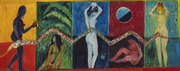 A R Nagori b. 1938Serpent Runs Through (Women of Myth and Reality Series), 1988 Oil on board Signed "Nagori '88 lower right 30.5 x 76.2 cm 12 x 30 in