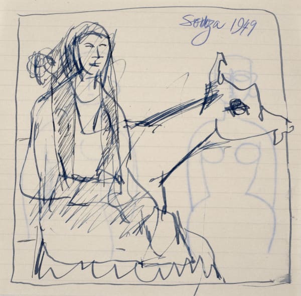 Francis Newton Souza 1924-2002Untitled (Flight into Egypt, Mary on Donkey) recto; Untitled (Two figures) verso, 1949 Ink on Paper Signed and dated 'Souza 1949' upper right (recto) 6 1/4 x 6 1/2 in 16 x 16.8 cm