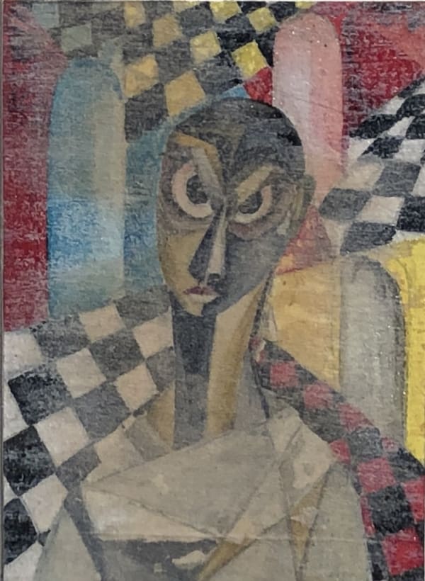 Ibrahim Wagh 1932-2013Untitled (Figure in an Interior), c.1960 Mixed media on paper mounted on card Signed 'wagh.' on mount lower right 6.5 x 5 cm 2 1/2 x 2 in