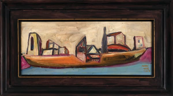 Sadanand K. Bakre 1920-2007Untitled (View of the Thames), 1962 Signed 'BAKRE' in English and signed and dated 1962 in devanagari lower right, similarly inscribed on the reverse Oil on board 19.5 x 49cm 7 11/16 x 19 5/16 in