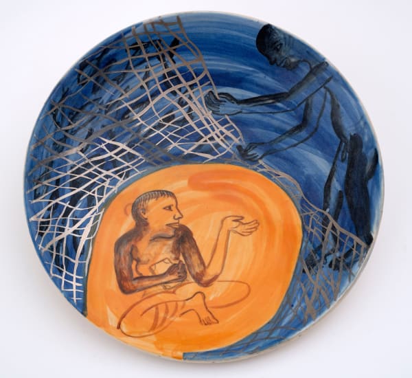 Bhupen Khakhar 1934-2003Untitled (Casting the Net), Circa 1995 Signed in Gujarati lower right Glazed ceramic Diameter: 47 cm (18.5 in) Depth: 3 in (7.5 cm)