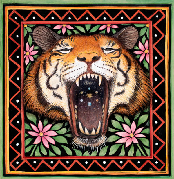 Jethro Buck b. 1986Cosmic Tiger, 2024 Signed 'JB' lower right Pigment, Arabic gum and shell gold on antique paper. 19.5 x 19.5 cm 7 5/8 x 7 5/8 in