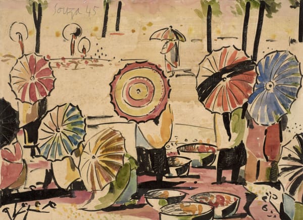 Francis Newton Souza 1924 - 2002Untitled (Parasol), 1945 Pencil, ink and gouache on paper Signed and dated 'Souza 45' upper left