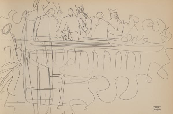 Syed Sadequain 1930-1987Study for L'Etranger, Meursault in the Courtroom, circa 1965 Pencil on paper 'Atelier Sadequain' stamped lower right 35 x 52 cm 13 3/4 x 20 1/2 in
