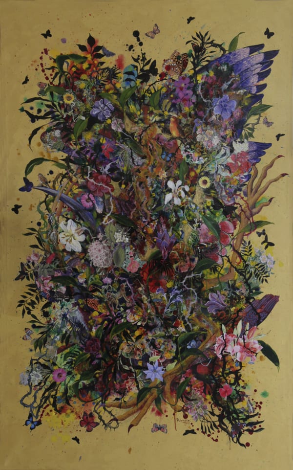 Priyantha Udagedara b. 1975Garden of Earthly Delight II, 2016 Acrylic and collage on canvas 160 x 100 cm 63 x 39 3/8 in