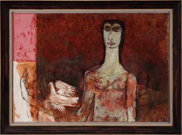 Jamil Naqsh 1939-2019Untitled (Woman and Pigeon), 1971 Signed and dated 'Jamil Naqsh 1971' lower left, further signed and inscribed 'Jamil Naqsh / Pakistan Art Gallery / 39 C Block 6 / PECHS / KARACHI / Price - Rs 1500/=' on the reverse Oil on canvas 74.9 x 106.7 cm 29 1/2 x 42 1/8 in