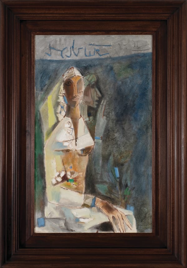 Maqbool Fida Husain 1915-2011Sakeena, 1965 Signed, titled, dated and inscribed, 'M.F. HUSAIN/ SAKEENA/ 1965" on the reverse, with a partial exhibition label for the travelling exhibition on the back of the canvas Oil on canvas 76.8 x 45.7 cm 30 1/4 x 18 in