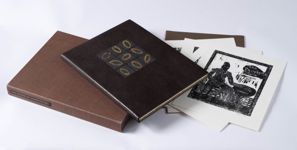 Bhupen Khakhar 1934-2003Salman Rushdie, Two Stories with Five Woodcuts and Three Linocuts by Bhupen Khakhar, 1989 Privately printed by Sebastian Carter, 1989 First edition, Number VII of twelve copies (from an entire edition of just seventy two), with an extra suite of signed prints by Bhupen Khakhar and bound in full morocco by Romilly Saumarez Smith, with a block of 9 square grey-silver morocco onlays each decorated with a gilt oval to the upper cover, and a single like square onlay to the lower cover. Large 4to. Signed by Rushdie on the limitation page and additionally inscribed by him to Olwyn Hughes on the half-title, "To Olwyn, Best wishes & well met after many years - Salman Rushdie, 18 Dec. 1990". Housed in the original cloth clamshell box, lettered in gilt to a morocco label on the spine. Five woodcuts and three linocuts by Khakhar illustrate the stories and additionally are included as a suite separate prints on Arches Velin, housed in a custom chemise.