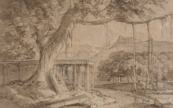 William Daniell 1769-1837A Ruined Temple Pencil, brown ink and wash on paper 14 x 22.5 cm 5 1/2 x 8 7/8 in