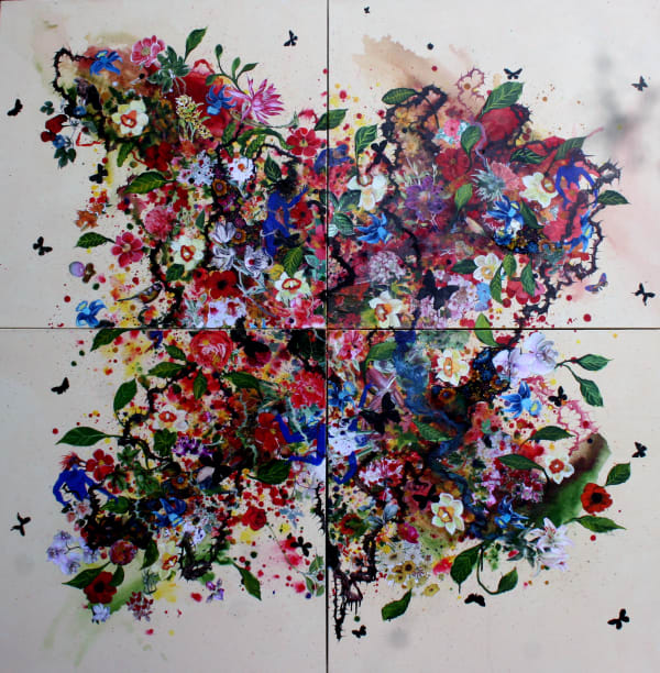 Priyantha Udagedara b. 1975Mughal Garden, 2018 Acrylic and collage on canvas 81.3 x 81.3 x 10.2 cm 32 x 32 x 4 in