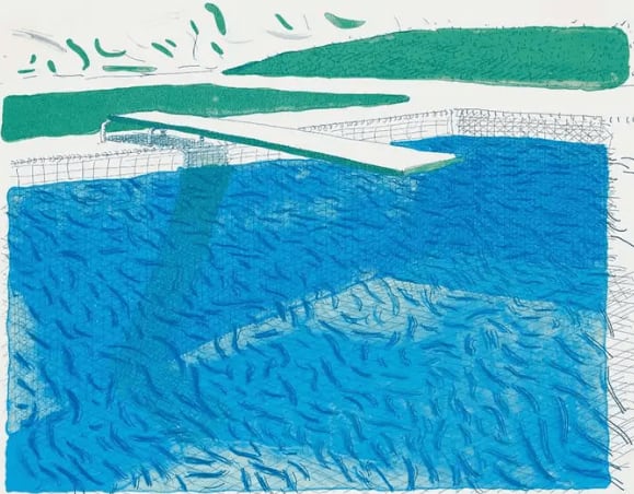 Lithograph Of Water Made Of Lines, Crayon And Two Blue Washes