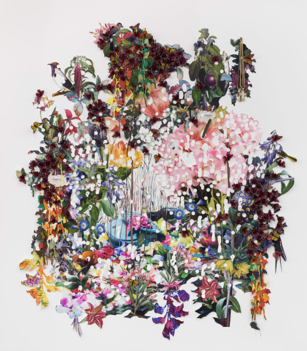 Ebony G. Patterson, …below the crows, a blue purse sits between the blades, shoes among the petals, a cockerel comes to witness…, 2019