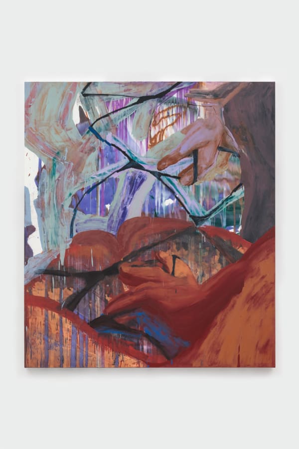 In this vertical piece, slippery colors form a watery background, dripping into each other and appearing almost woven. Two hands guide us into this abstract interior, one large one climbing up from below, one smaller down from above. Each has its pointer finger hooked under a black string, the net. Drawn directly with dark oil stick lines, this skinny net spreads in a chain-link pattern, contorting to bodily curves it encircles upon its way. A process driven, less representational piece within the group, this painting hints at feminine curves (an ass, an elbow) that were painted then scraped over with pale greens and purples. The foreground shifts to an earthier palette, and as if seen through mist here our doubled bodies reflect earth and sky.