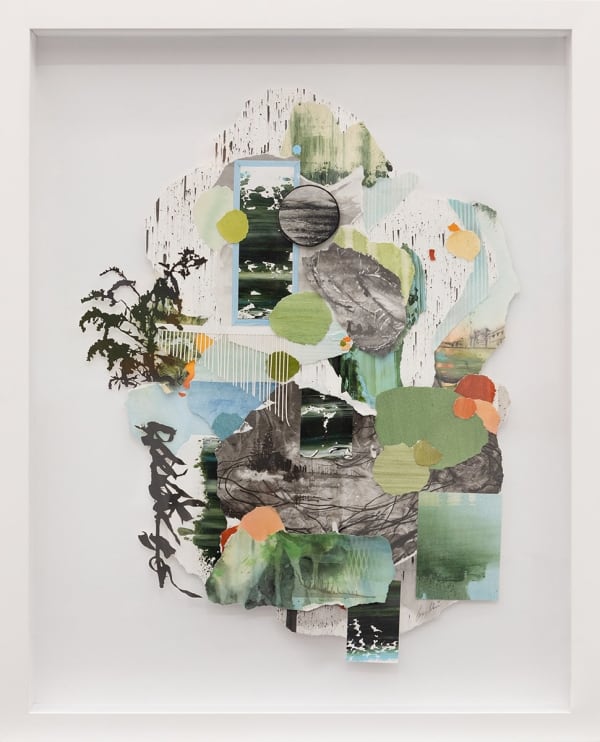 framed image of Gregory Euclide mixed media landscape with torn paper and acrylic