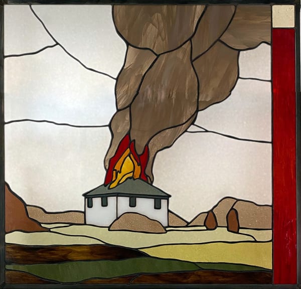 Stained glass of house on fire