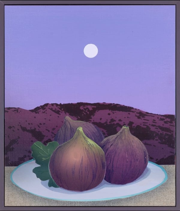 Robert Minervini painting of three figs on plate with purple sky and mountains in background