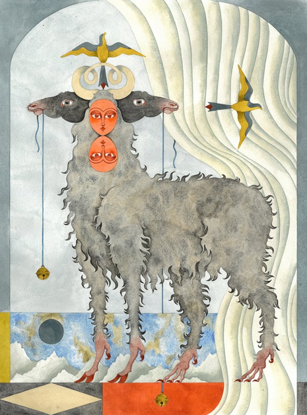 Watercolor painting by Lou Benesch of a creature with an animal body two human faces and two animal heads and horns with two sparrows flying past it