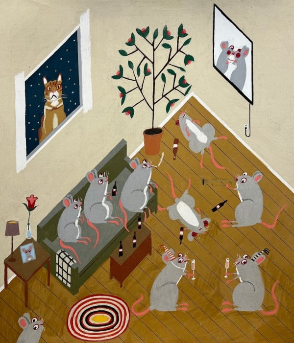 James Eddy - pastel drawing of a living room with family of rats.