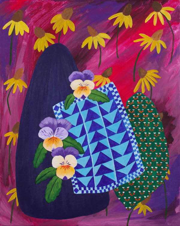 Amber Jean Young's painting of flowers of a vase with dark purple background