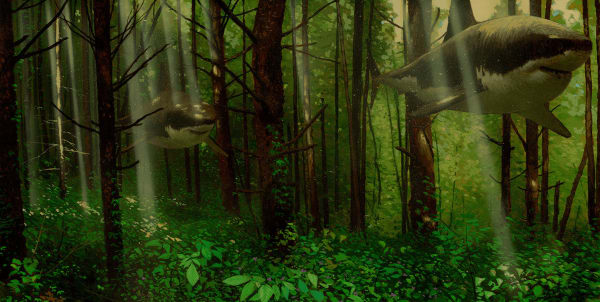 Painting by Chris Austin for "Supersonic Invitational X". Forest landscape with 2 great white sharks floating through the trees.