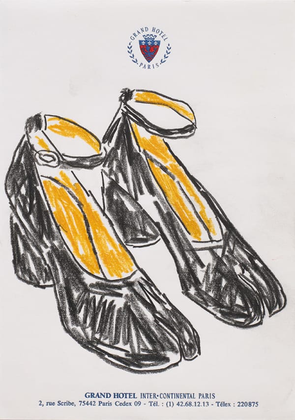 Drawing of black Tabi heels with an ankle wrap on hotel stationery