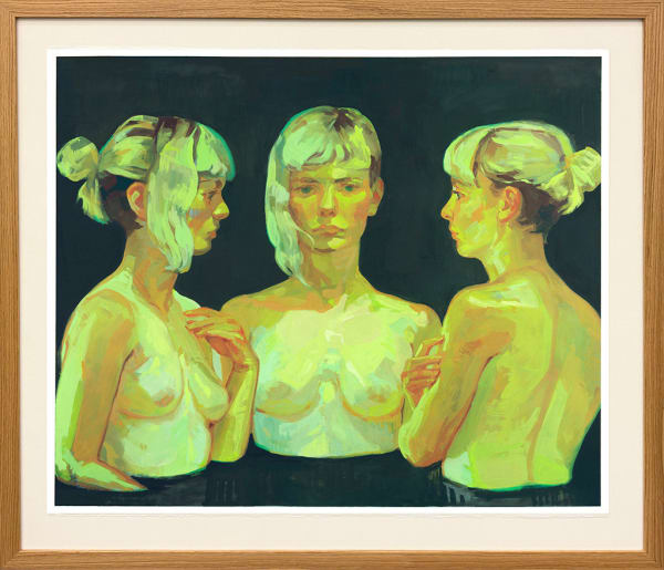 framed artwork of three nude girls, waist deep in dark water