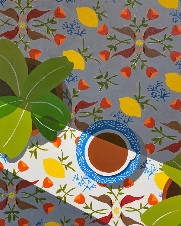 Natalia Juncadella painting of coffee cup and plants on background with birds and lemons