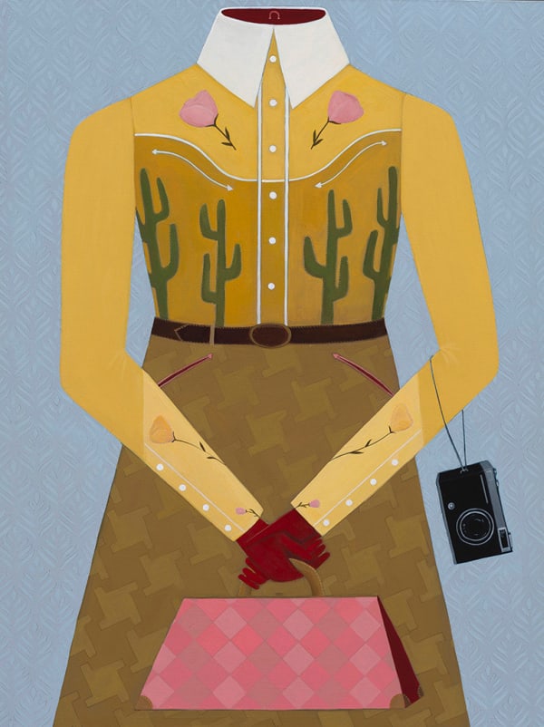 Painting of a headless woman wearing an embroidered western shirt with snap pearl buttons. It is mustard yellow with embroidered cactus and pink flowers on the chest. She is wearing a dark brown skirt and holding a pink purse. On her wrist is a black point and shoot camera. The background is light blue.