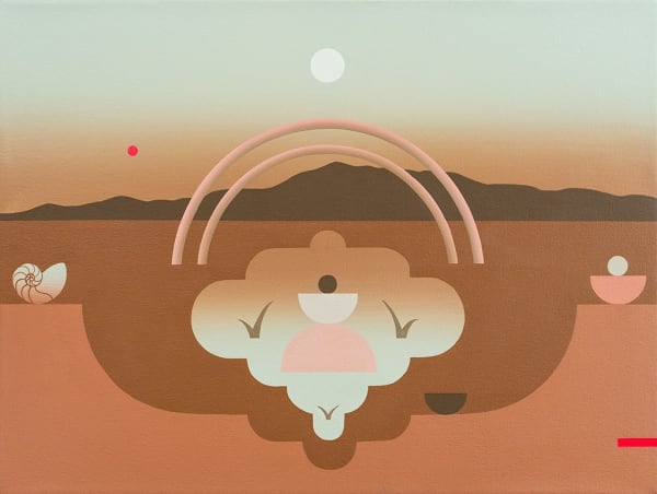 painting of a hazy desert landscape featuring various organic and geometric forms in the foreground by Madeleine Tonzi