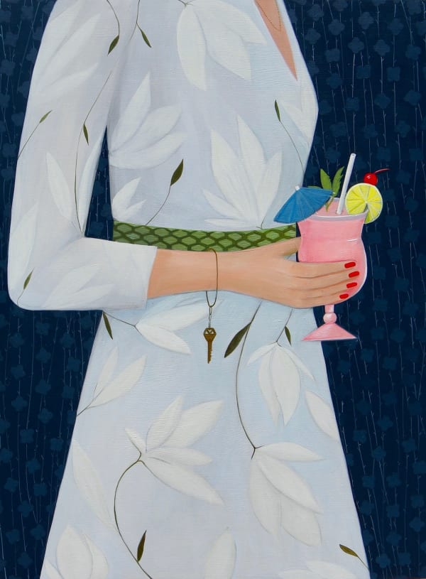 Angela Burson's painting of a woman in a dress holding a pink tropical drink