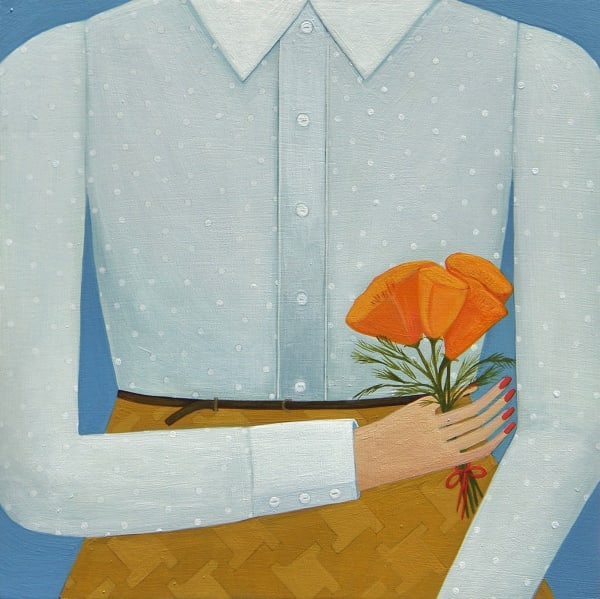 torso of a woman in a collard shirt holding orange poppies