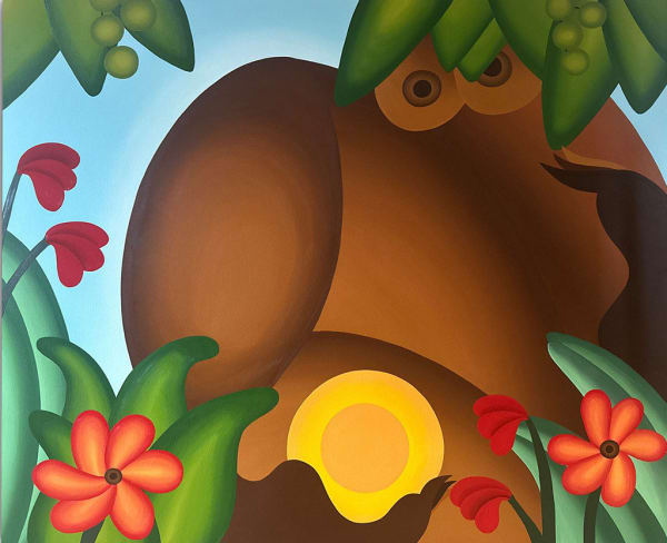 Painting of a brown figure surrounded by flowers and greenery on a blue background