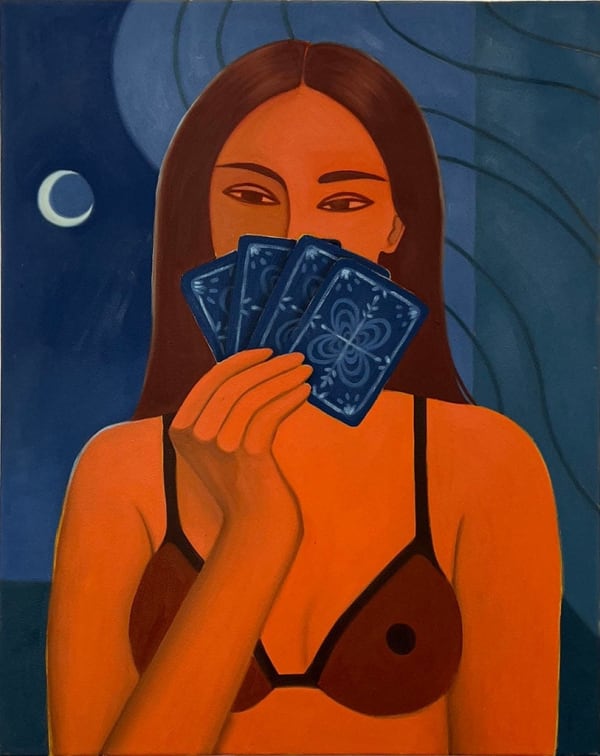 painting of a woman holding playing cards obscuring the bottom half of her face