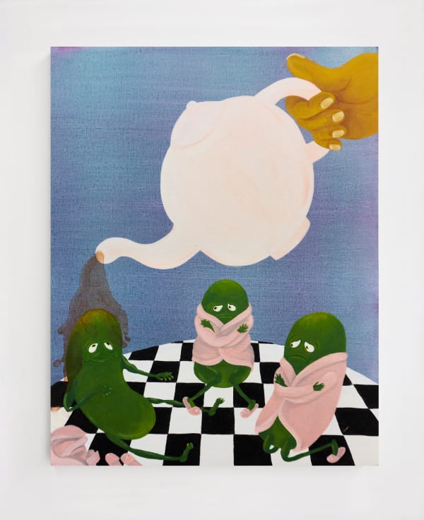 Crys Yin "Untroubled By Heat or Exertion" acrylic painting on wood panel featuring hand pouring teapot on green pickle figures sitting on black and white checkerboard tabletop