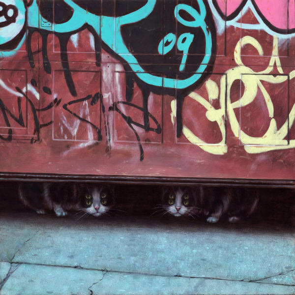 Casey Weldon grafitti dumpster with two four eyed cats underneath