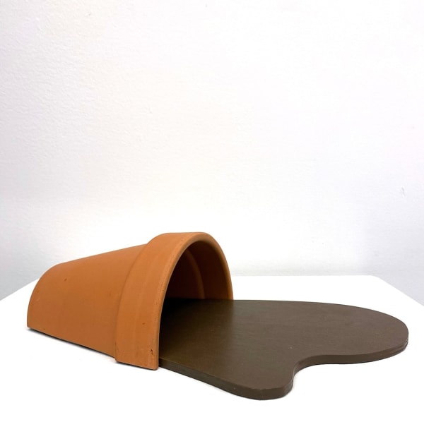 Jeff Canham wooden sculpture of dirt spilling out of terra cotta pot