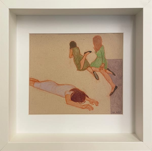 Drawing of two women laying on their stomachs and one woman sitting in white frame
