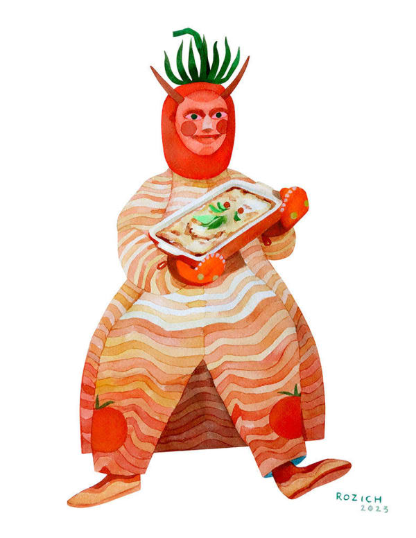 Painting of a red creature with two horns and a tomato stem coming out of his head. He is holding a tray of lasagna. He is wearing clothing that resembles lasagna as well.