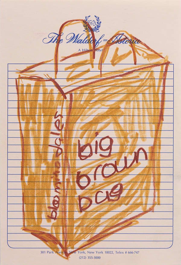 Drawing of a Bloomingdale's Big Brown Bag on hotel stationery