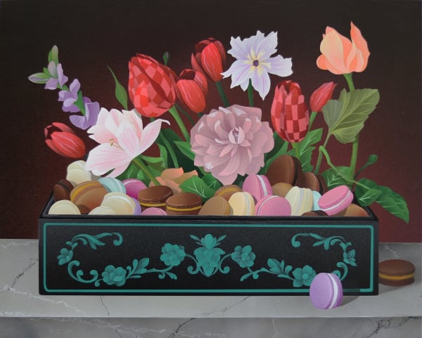 Casey Gray - Spray Painting of a stone table with macarons and flowers in a black box with teal flower pattern in front of black background.
