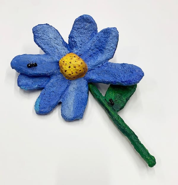 Nic Dyer mixed media sculpture of blue flower with ants
