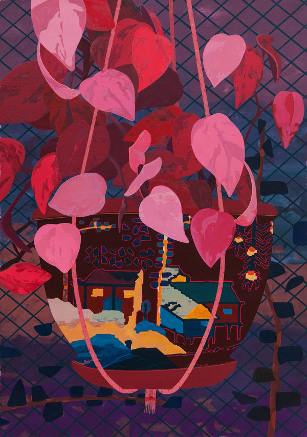 Francisco Diaz Scotto (Pastel) painting of a hanging planter with pink leaves growing out of it