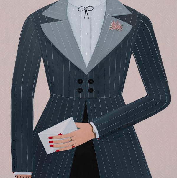 Painting of the mid section of a woman wearing a pinstripe blazer with large lapels holding a letter in one hand